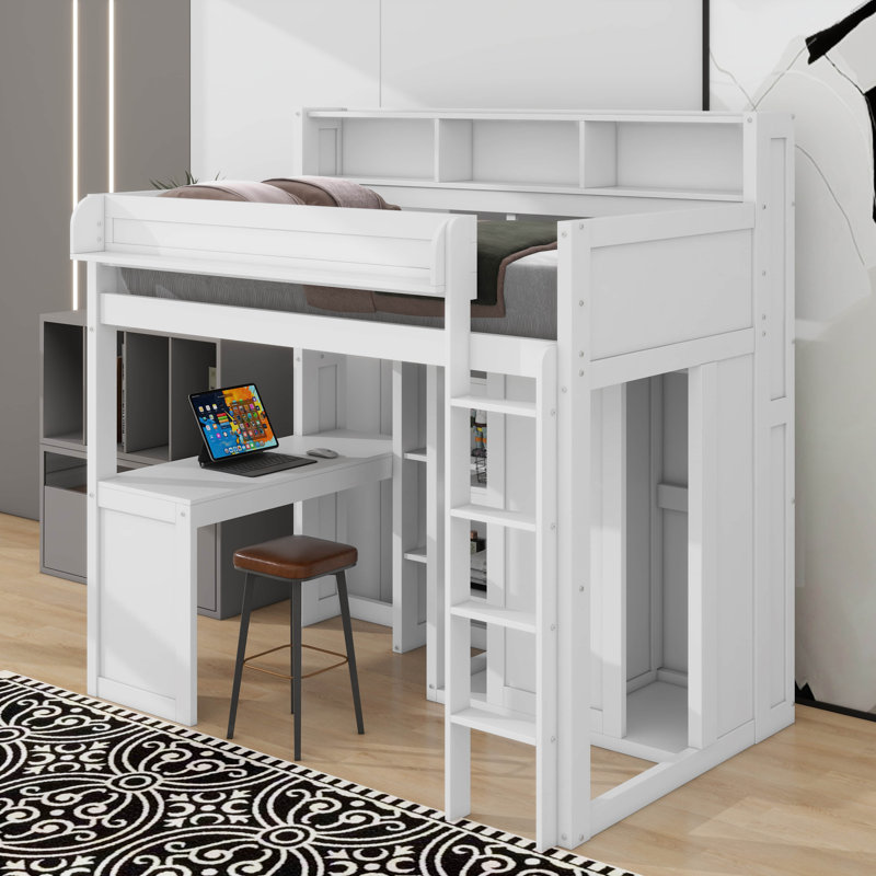Lit mezzanine simple avec tablettes et garde-robe, Blanc