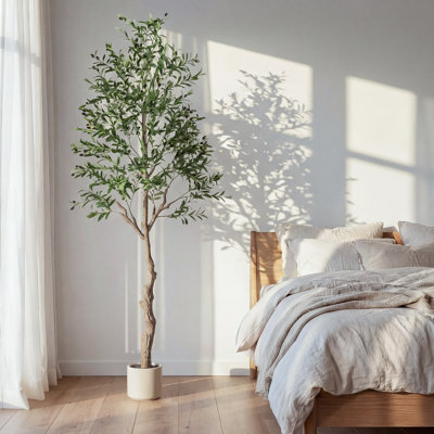 Olive Tree Artificial Indoor, Faux Olive Trees With Planter, Fake Plants With Natural Trunk And Lifelike Fruits (Set Of 2)