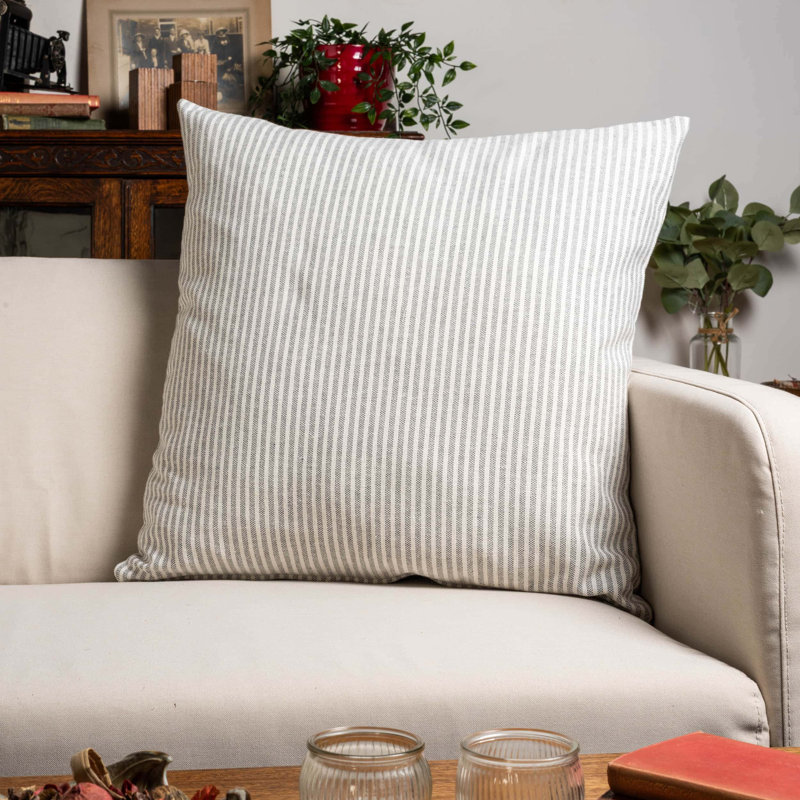 Woven Ticking Stripe Cushion in Dove Grey, 58x58cm, Synthetic filled