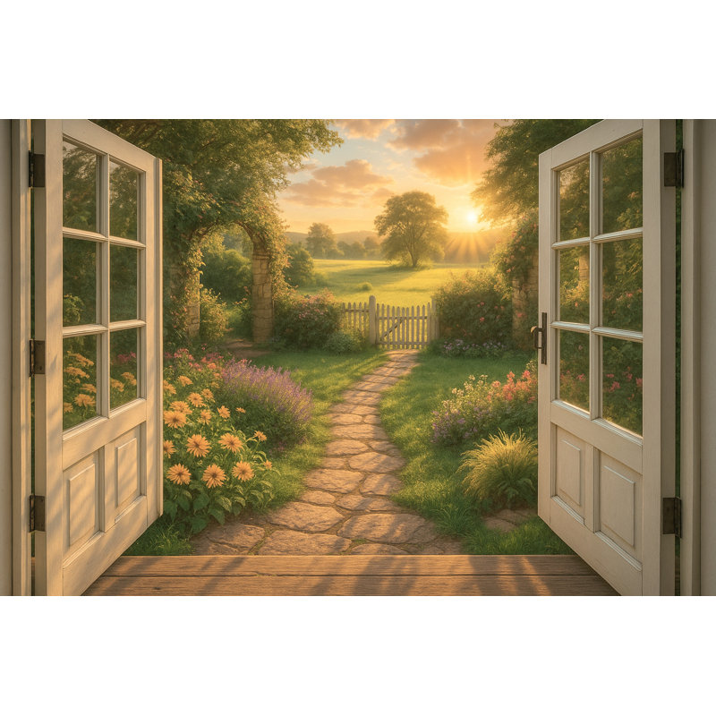 Sunrise Garden Gate - Paysage de campagne à travers une porte ouverte, H 30 po x l 40 po