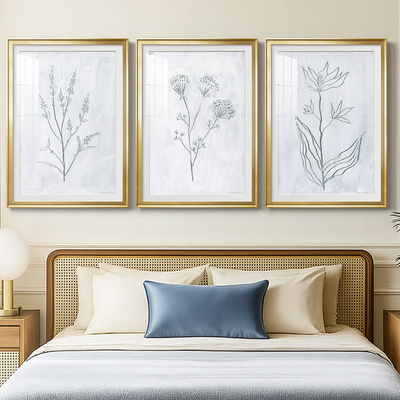 Milkweeds I - Impression personnalisée de qualité supérieure avec cadre - 3 pièces, H 27 po x l 39 po, Doré