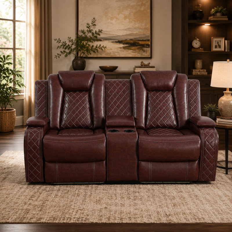 Causeuse inclinable en similicuir respirant rouge bourgogne avec console de rangement, porte-gobelets, port USB et base DEL