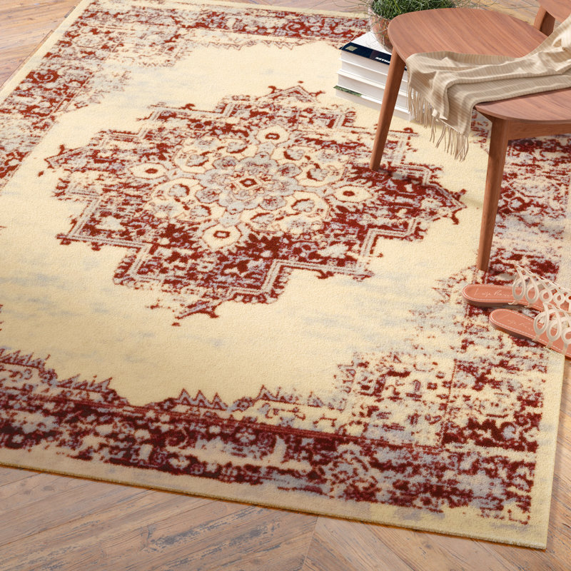 Burnie Oriental Cream/Red Area Rug, Rectangle 3'9" x 5'9"