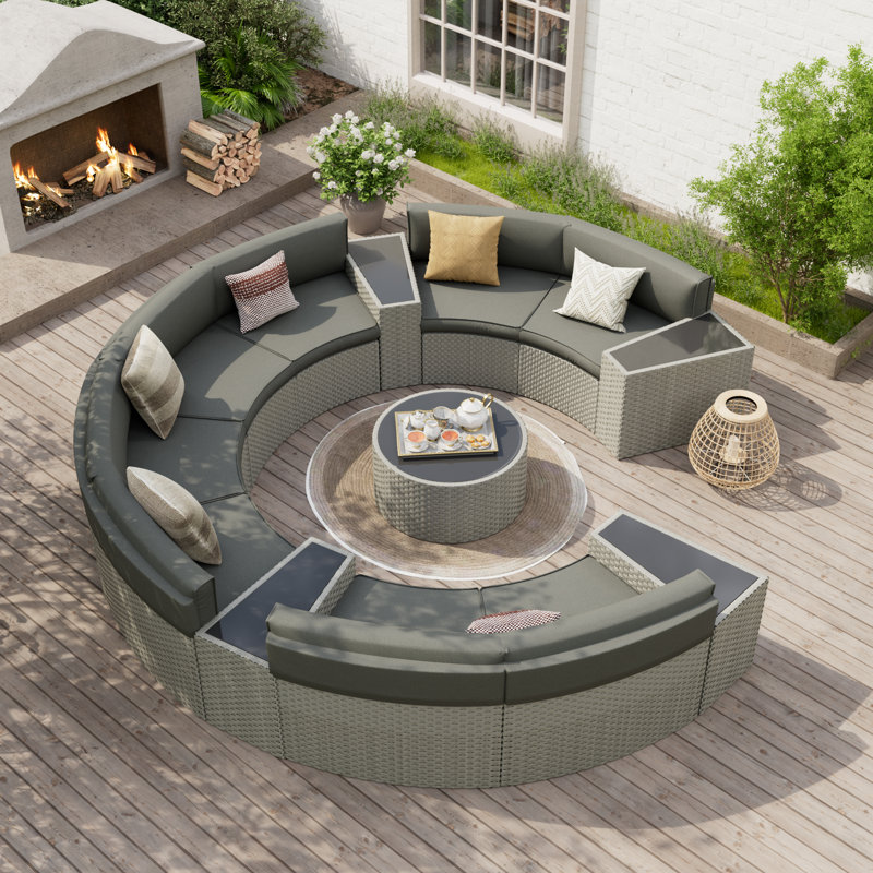 Dartmore 8 - Person Fully Assembled Curved Patio Conversation Set With Cushions, 14.17" H x 27.95" W x 27.95" D, No, Gray