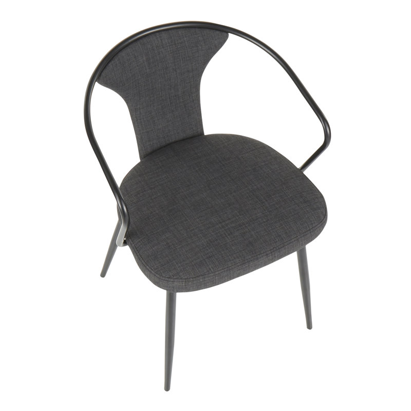 Chaise rembourrée en métal noir et tissu gris foncé.