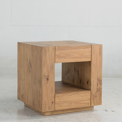 Table élégante en chêne - Alliant fonctionnalité et esthétique, plateau épais, roulettes, tiroirs et espace ouvert. Structure en chêne avec solutions de rangement et de mobilité renforcées.