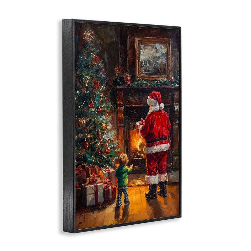 Père Noël et enfant par foyer encadré, design par Sara Culpepper, H 18 po x l 12 po, Giclée encadrée noir minuit