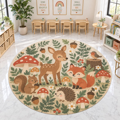 "Ultra Thin" 6' x 6' Woodland Animals Round Area Rug, Soft Low Pile Indoor Rug with Non-Slip Silicone Backing, Nursery Kids Room Playroom Decor