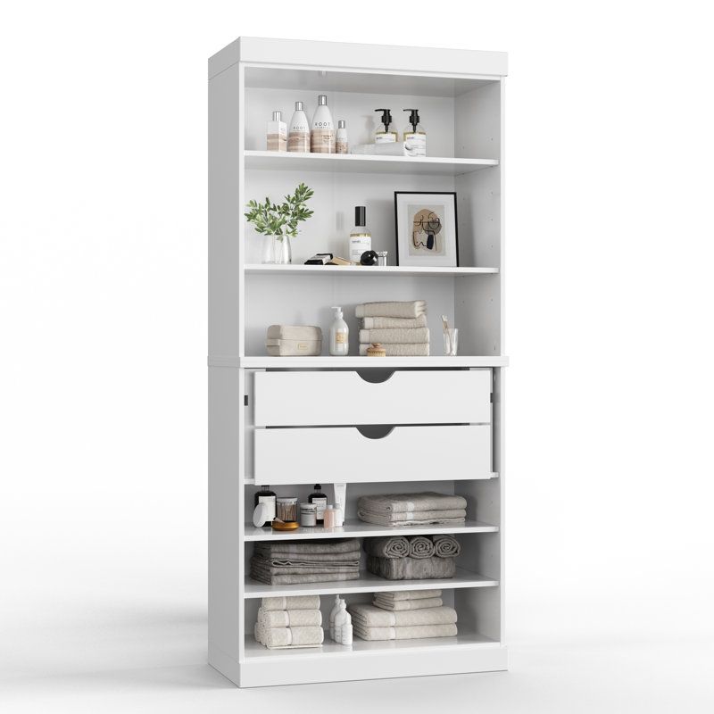 Armoire de salle de bain autoportante 100% bois massif 32 po avec 2 tiroirs et tablettes réglables - Rangement de salle de bain moderne