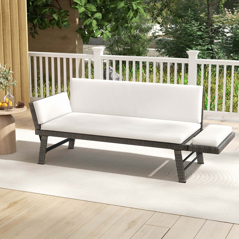 Canapé convertible d'extérieur avec accoudoirs réglables et coussins amovibles, Blanc