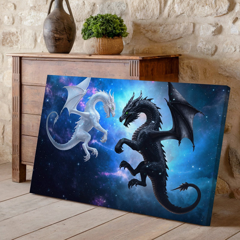 Toile, "Une scène dynamique" avec deux majestueux dragons en vol, H 30 po x l 30 po