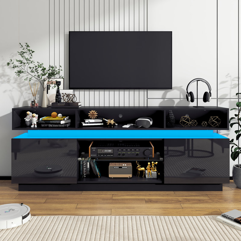 LED TV Stand for 80 Inch TV, Modern Tall Entertainment Center with Power Outlets, High Gloss TV Stand, Gaming TV Media Console with Glass Shelf for Living Room