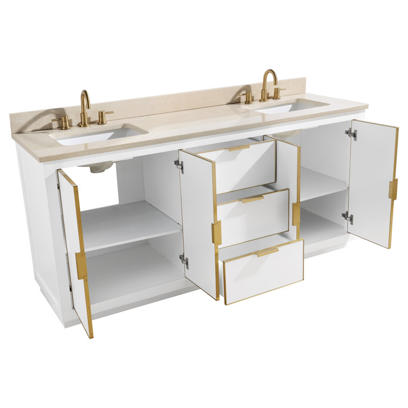 Ensemble de meuble-lavabo double 73 po Salise, Marbre blanc de Carrare / or, Blanc