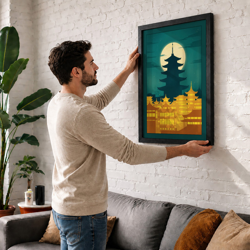 Pagoda Under Moonlight Japandi - Framed Print, A2 - 59.4 x 42.0 cm, Walnut
