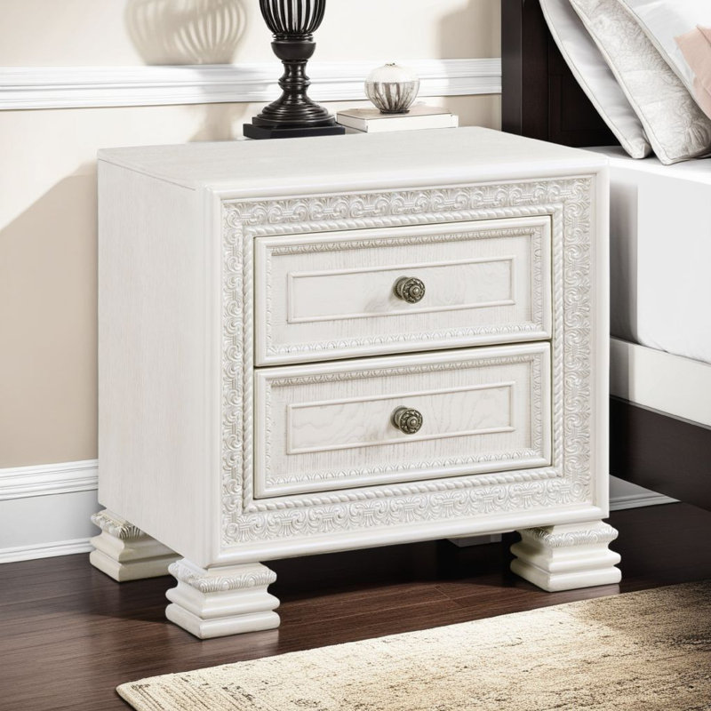 Table de chevet Rotu, moulure en corde à 2 tiroirs, placage de frêne blanc, 28 po