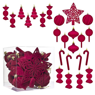 24-Piece Irregular Shaped Flocked Christmas Balls With Star Tree Topper Set - Shatterproof Wine Hanging Decor for Holiday Party Festival Ornaments - S