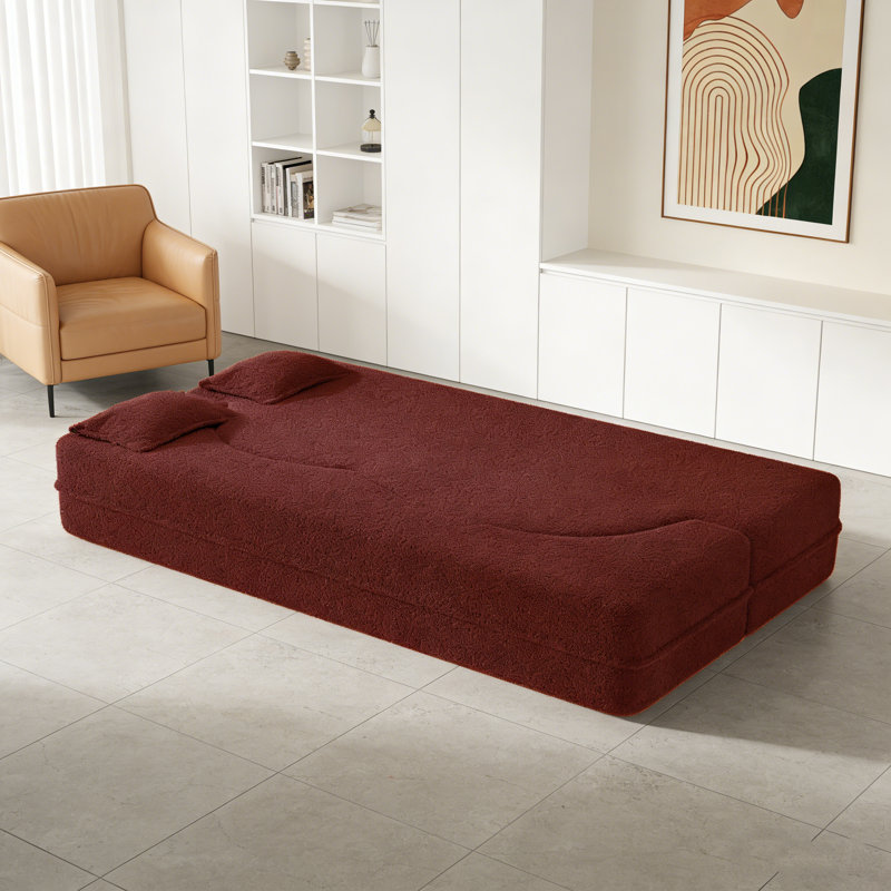 Canapé-lit moderne avec 2 coussins, canapé-lit convertible en tissu rembourré de mousse, matelas pliant simple de 15 po pour le salon, lit d'invité, salle de jeux, aucun assemblage requis, bourgogne