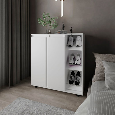 Range-chaussures avec 3 tablettes latérales, rangement compact pour chaussures, bottes et accessoires, blanc