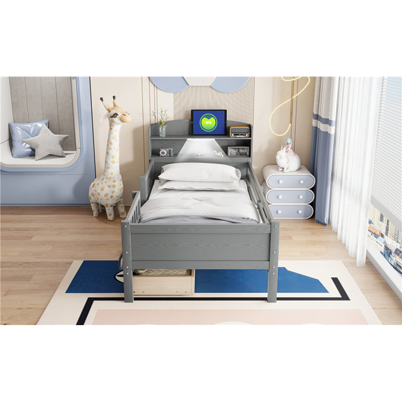 Lit plateforme en bois avec lumière DEL intégrée, Gris