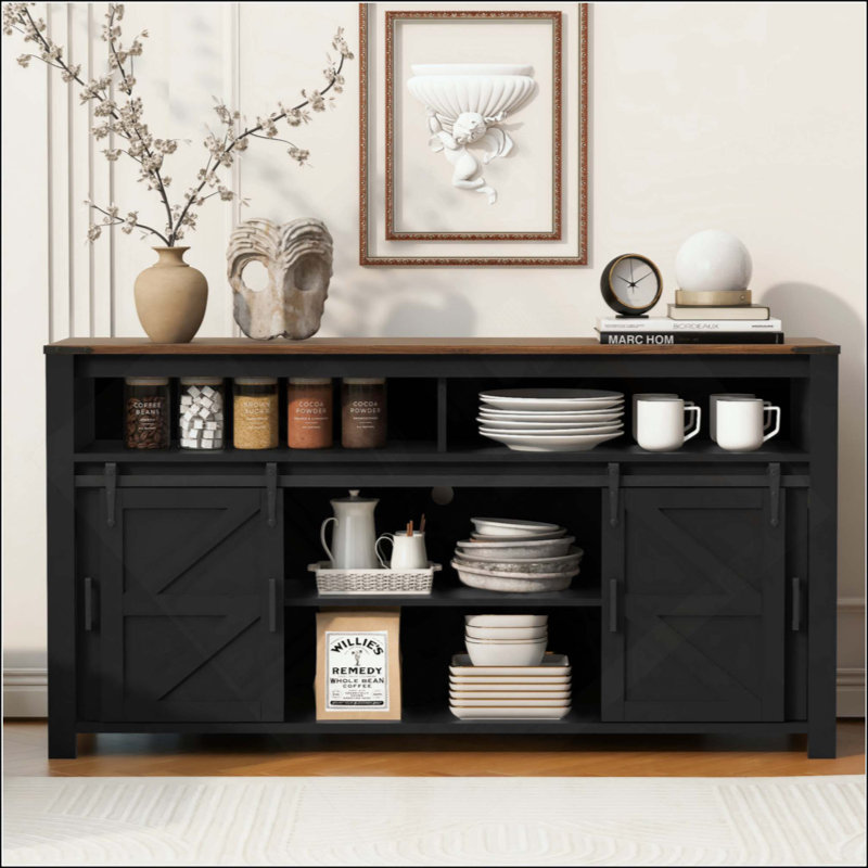 Sideboard With Sliding Barn Door And Mesh Panels,Farmhouse Buffet With Open Storage,Suitable For Living Room, Hallway, Balcony,Kitchen, Office
