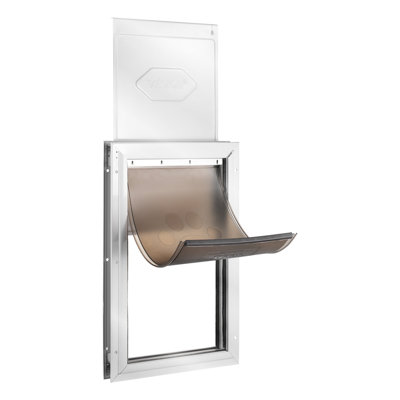 Porte pour animaux de compagnie, cadre en aluminium 11,3 po x 16,02 po avec système de verrouillage et de clapet, résistante aux intempéries, facile à installer sur les portes intérieures ou extérieures, convient aux chats et aux chiens (blanc - M)