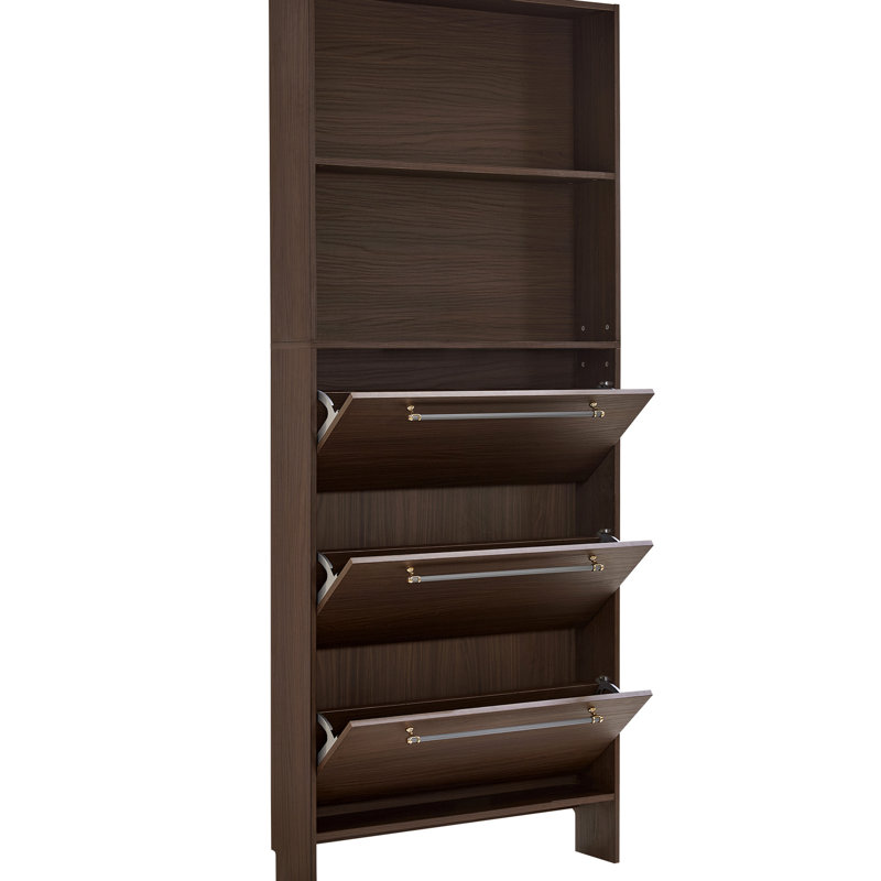 Armoire à chaussures autoportante avec 3 tiroirs rabattables. Économiseur d'espace dans le couloir. Solide, couleur noyer, conception moderne de porche étroit. Poignées en métal