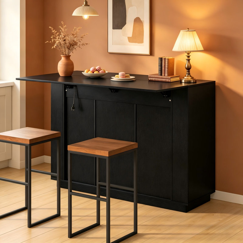 Multifunctional Bar Sideboard: Two-Door Storage With Stemware Rack, Fold-Down Countertop, And Built-In Power Outlets., Black