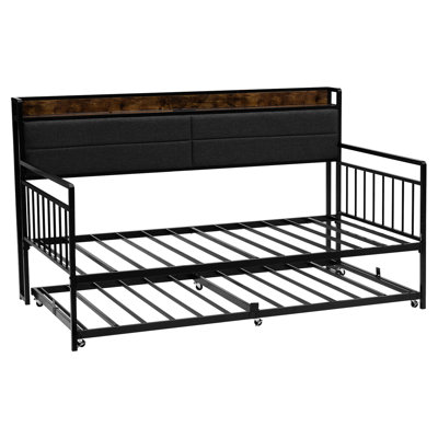 Metal Daybed Frame With Trundle And Ac Charging Function, Convertible To One Large Bed, Ideal For Small Home Offices, Comfortable Padded Headboard Storage Space, Rust - Twin Size Functionality, Dual