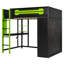 Lit mezzanine double en bois avec bureau, garde-robe ouverte et lumière RVB, vert-1076626862