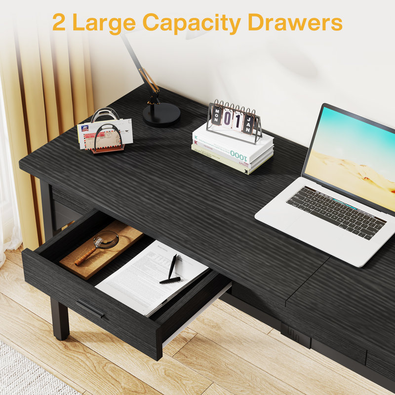 Black Engineered Wood Double Desk with Drawers