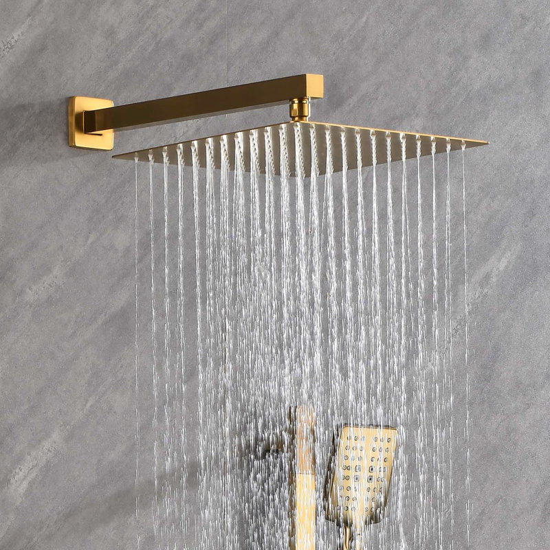 Luxury Bathroom Shower With Rain Head, Hand Shower, And Valve Trim In Brushed Gold System Elegant Finish, Brushed Gold