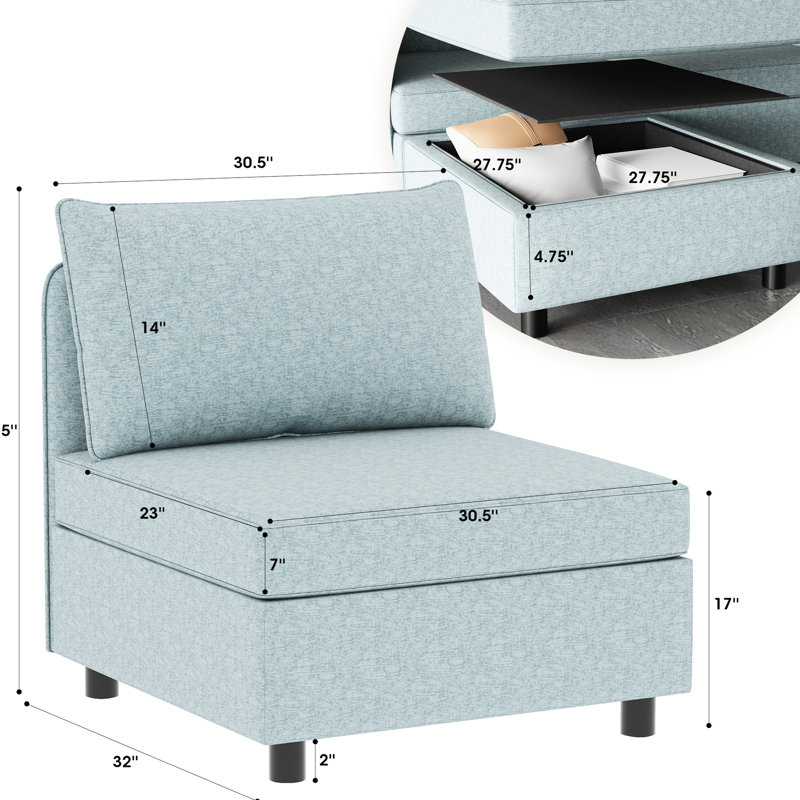 Canapé modulaire modulaire avec rangement sous le siège, canapé-lit, salon confortable et sans accoudoirs en tissu de chenille bleu antique pour canapé, rangement convertible, canapé modulaire, ressort à haute éponge