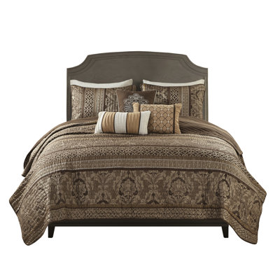 6 Piece Brown/Gold Bedding - Full/Queen Quality , Motifs, Stitching, Machine Washable Leaf Throw Pillows Included