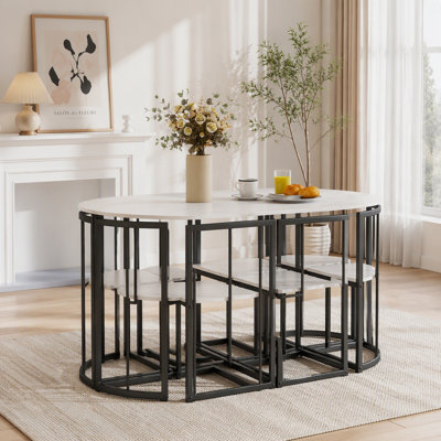 Ensemble de table à manger moderne 7 pièces avec faux marbre, table de cuisine compacte de 140 cm pour 6 personnes, doré et blanc