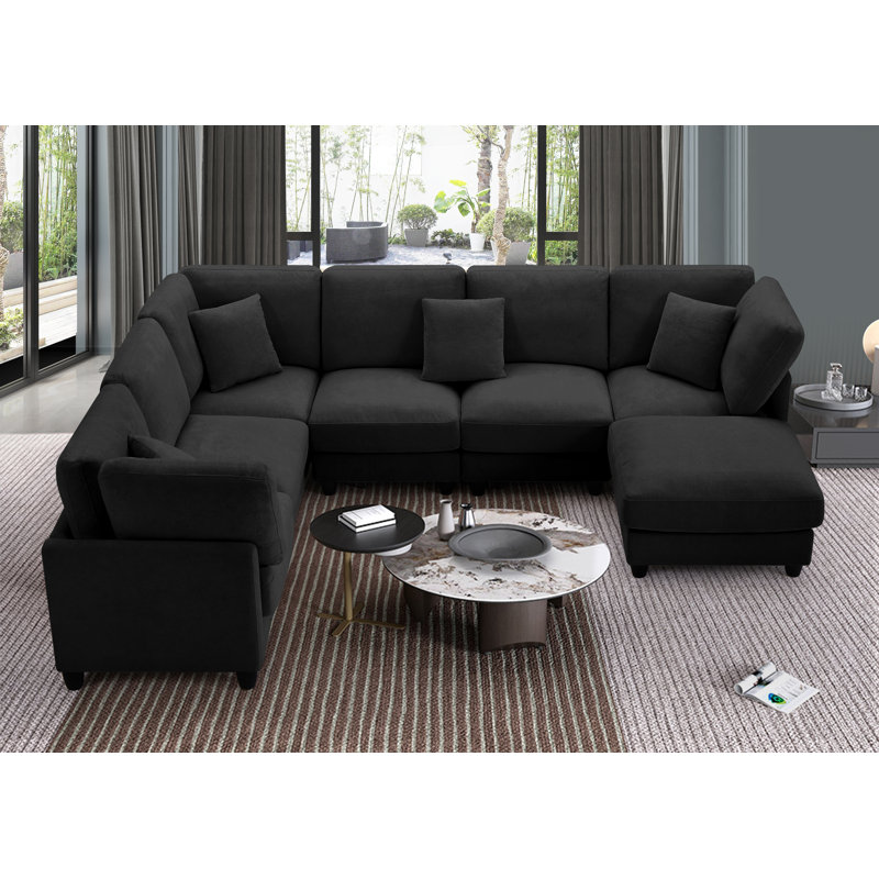 Canapé modulaire rembourré 7 pièces Warenne, Tissu noir