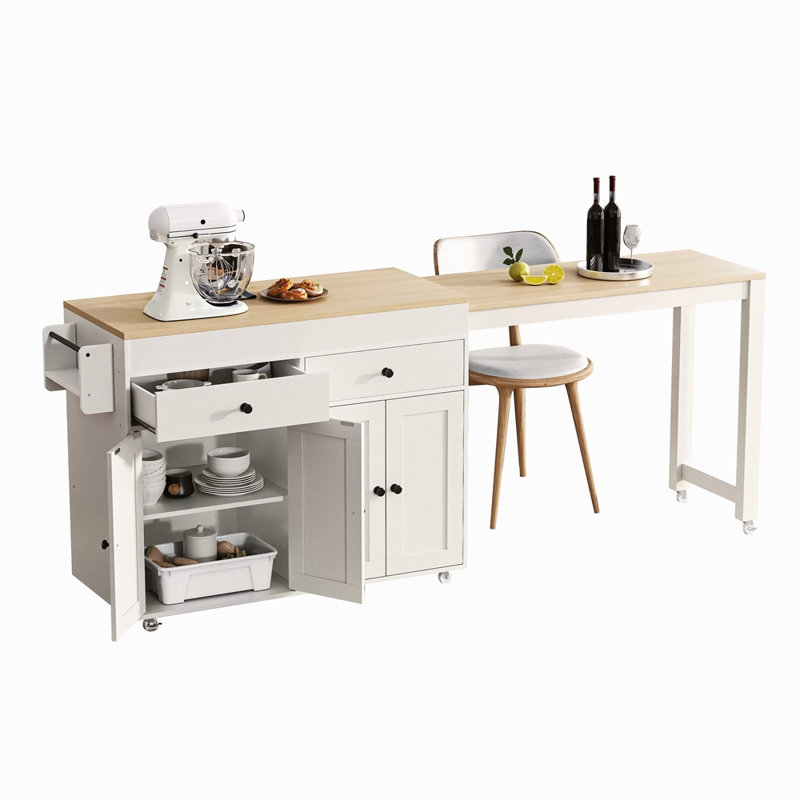 74.5 Inch Kitchen Island With Extendable Dining Table , Rolling Kitchen Island On Wheels With Spice Rack And 2 Drawers, 4 Door Cabinet, For Kitchen, Dining Room (One Package)