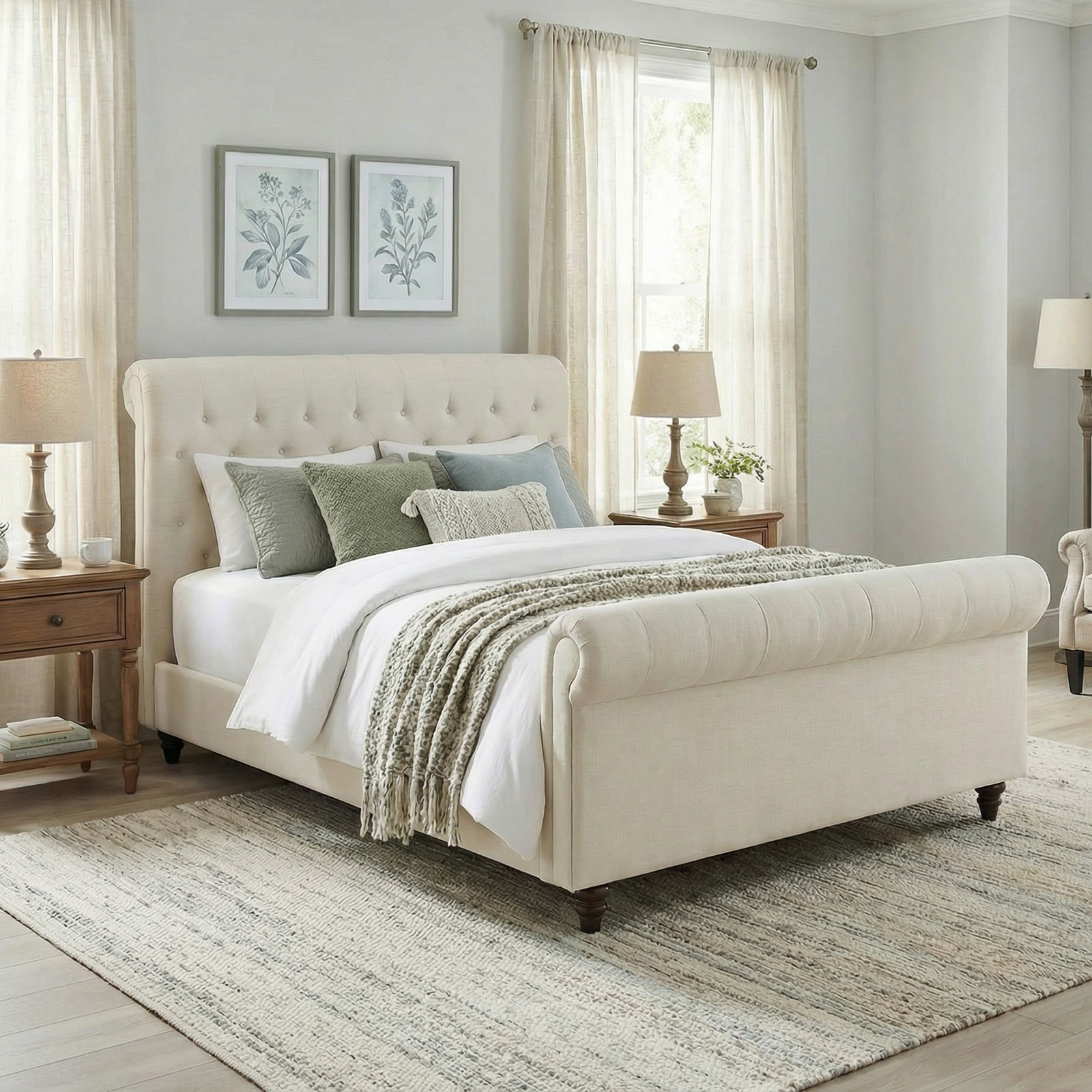 Jennifer Upholstered Sleigh Bed, Effie Linen Performance Linen, Queen