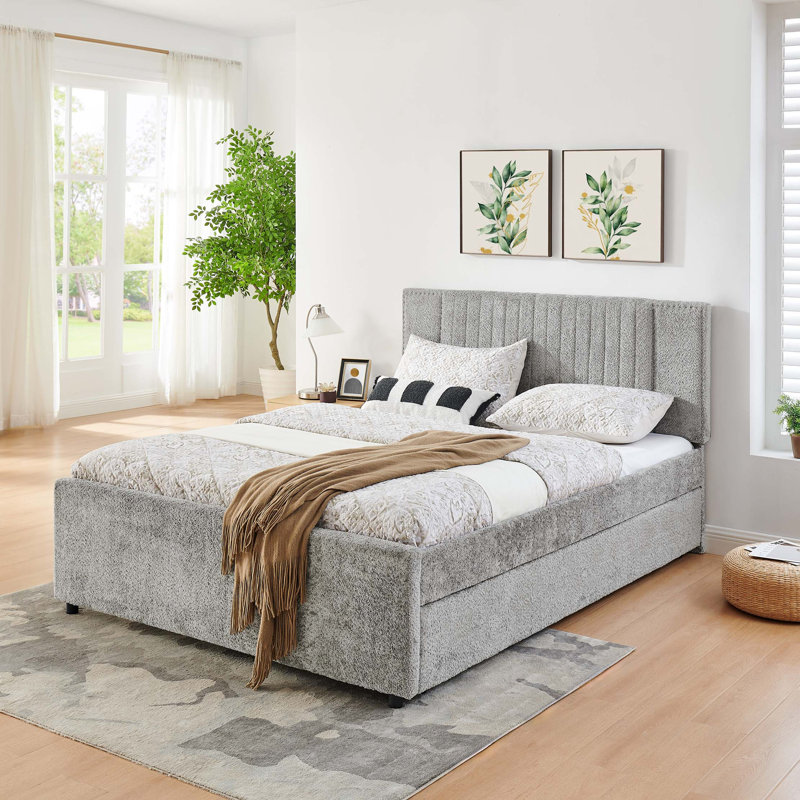 Space Saving Queen Upholstered Bed with Multi-functional Design and Storage, Grey