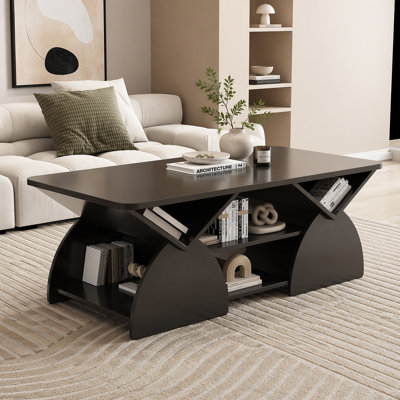 Table basse de coin rectangulaire arrondie en bois d'ingénierie pour le salon, table de rangement facile à assembler avec tablettes ouvertes, cadre robuste pour la salle de réception, table basse moderne à motif géométrique NOIR