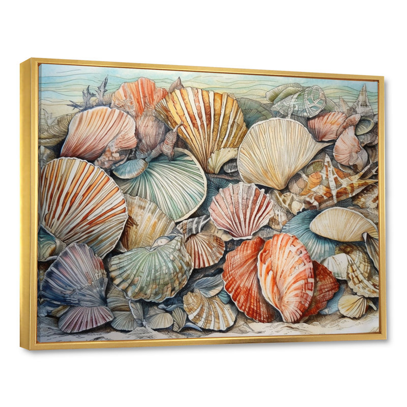 Seaside Seashells IV sur toile, H 12 po x l 20 po x P 1 po, Cadre flottant doré