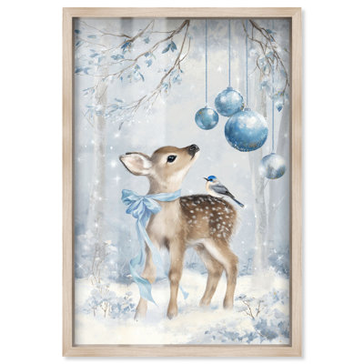 Décoration murale de Noël bébé chevreuil et merle bleu par Art Remedy, cadre blond, 17 x 25