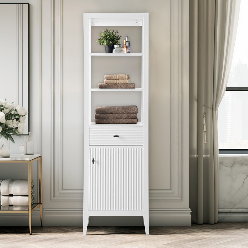 Laval 72" Freestanding Linen Cabinet, Tall Bathroom Storage Tower with 3 Open Shelves, Linear White, Brushed Gold