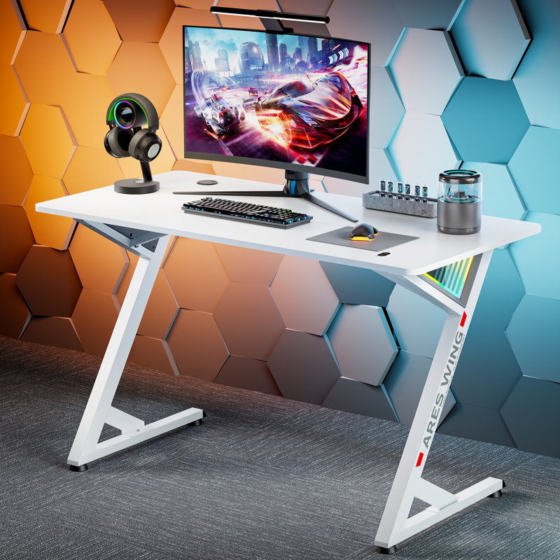 ARES WING Gaming Desk with Infinity Mirror RGB Light Office Computer Table Z Shade, White