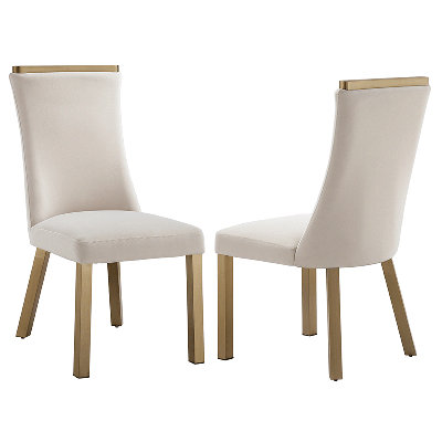 Chaises de salle à manger en velours blanc imperméable, pieds en acier inoxydable couleur champagne et garniture supérieure en métal décoratif, lot de 2