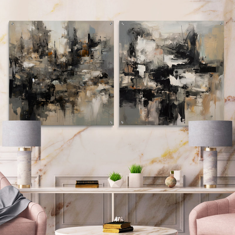 Ensemble de 2 peintures murales abstraites en acrylique gris et noir, H 16 po x l 33 po