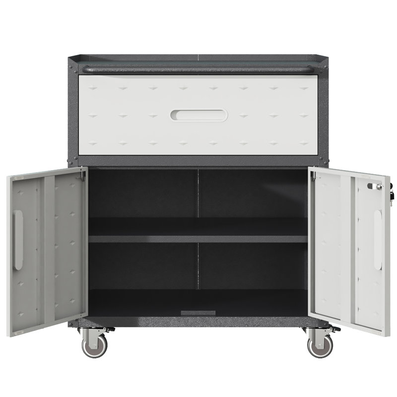 Armoire à outils mobile en métal - l 29,08 po x P 16,19 po, H 35,13 po, 1 tiroir, 2 portes verrouillables, unité de rangement à roulettes noire et grise pour porte à roulettes H 35,13 po x P 16,19 po