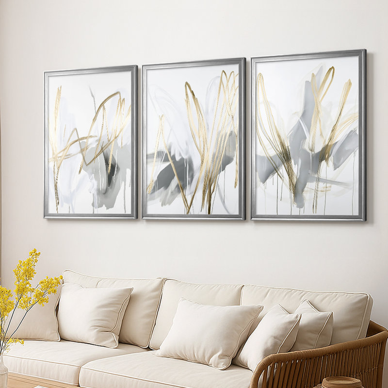 ABSTRACT Series DCCLV III - Toile tendue avec châssis sur mesure - 3 pièces, H 15 po x l 19 po, Argent argent