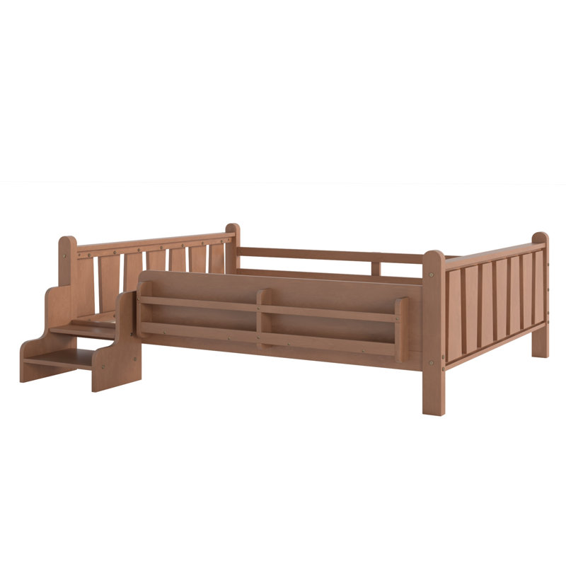 Kids Full Solid Wood Floor Bed with Bookcases, Cute Stairs and Guardrails, Natural, Full
