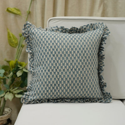 Fabdivine Handmade Block Print Linen Pillow Cover Decorative Ruffled Cushion for Sofa Living Room Bedroom – 14x14 Inch