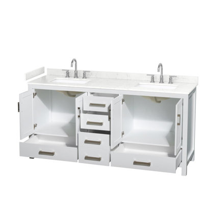 Meuble-lavabo double 72 po Sheffield en blanc, comptoir en marbre de culture de Carrare, lavabos carrés encastrés (3 trous), garniture en chrome brossé